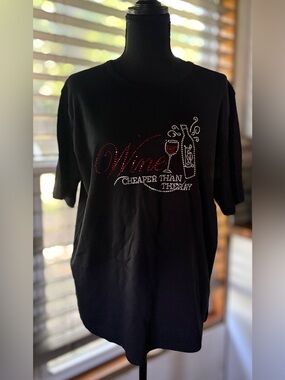 Black Rhinestone 'Wine Cheaper Than Therapy' Short-Sleeve Tee